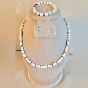 2 piece: Monet White & Gold Beaded Necklace & Bracelet Vintage Set